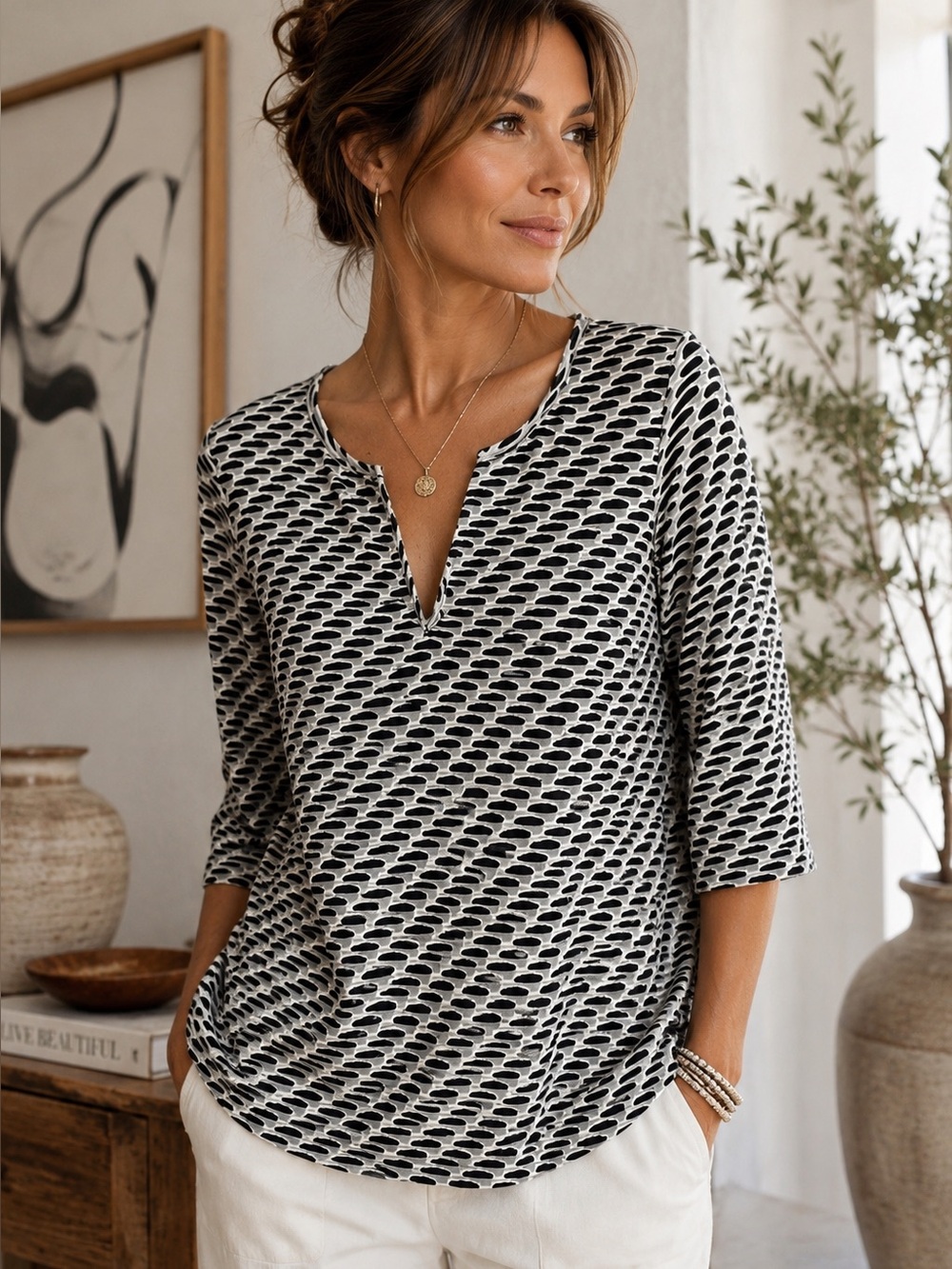 Jordan Taylor Black White Mesh Tunic Top Made in USA M